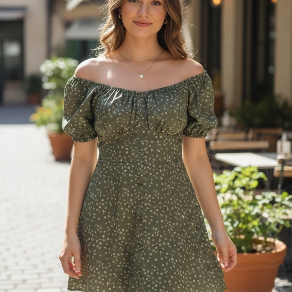 Trixxi Green Floral Milkmaid Mini Dress Puff Sleeve Size 1X